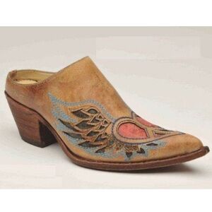 Corral Tan Leather Mules with Pink and Blue Heart Wing Detail